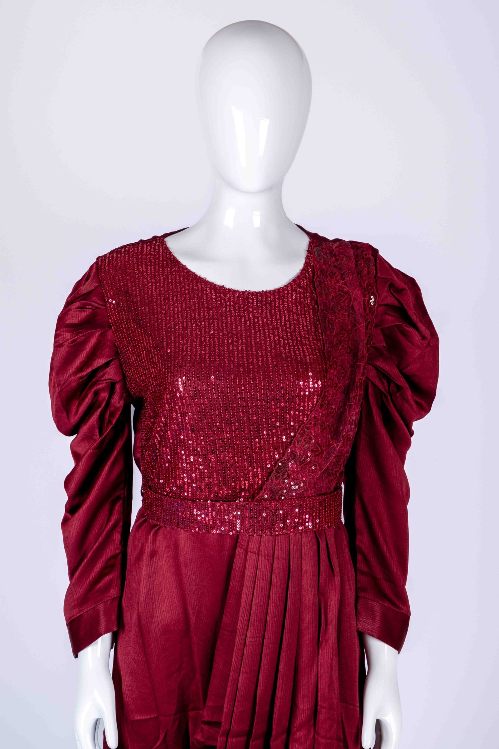 Women's Maroon embroidered sequin drape style gown