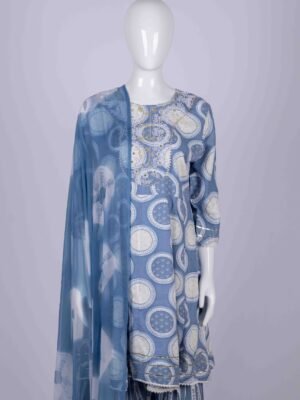 Women's Blue floral printed kurta sharara set with chamki embroidery