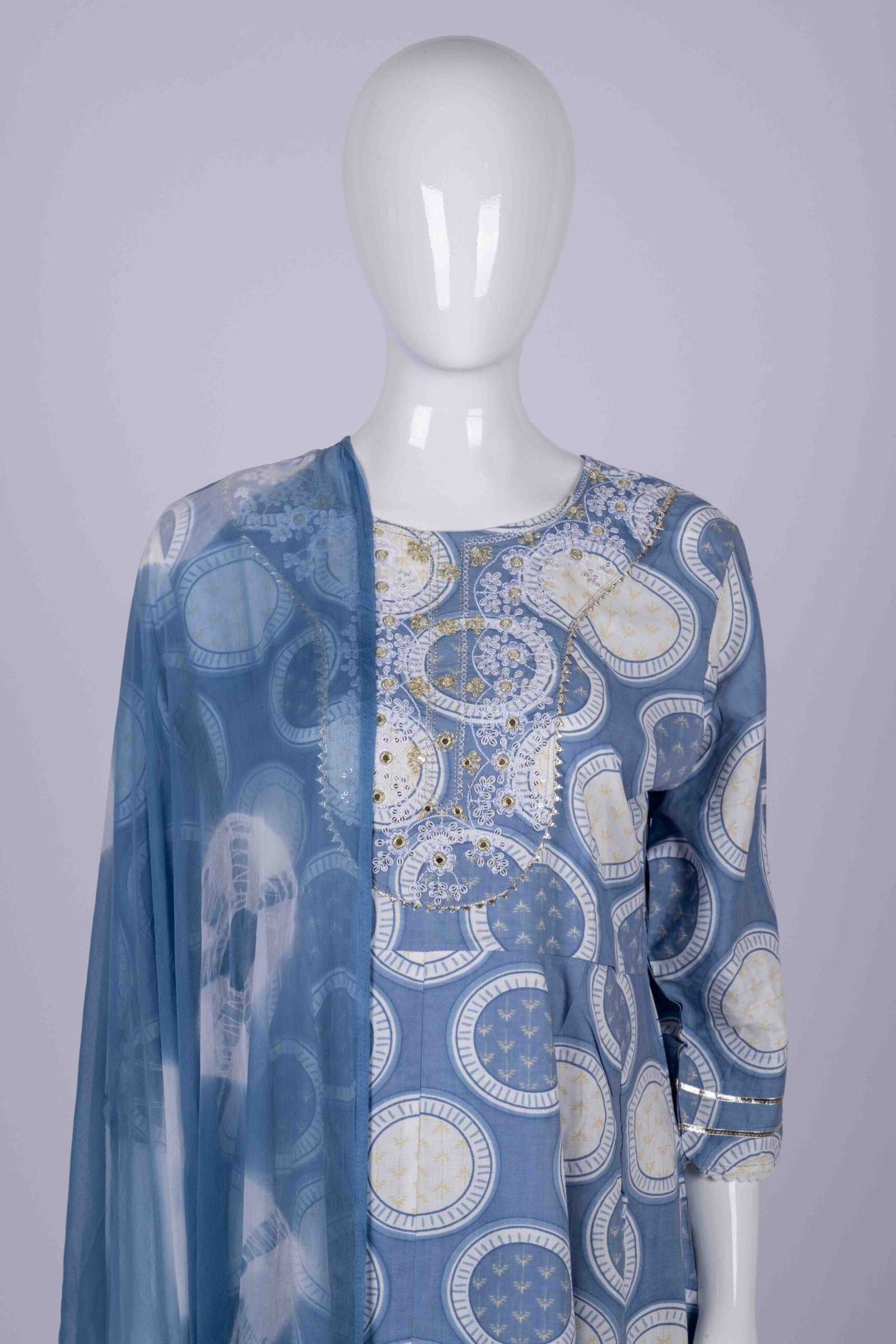 Women's Blue floral printed kurta sharara set with chamki embroidery