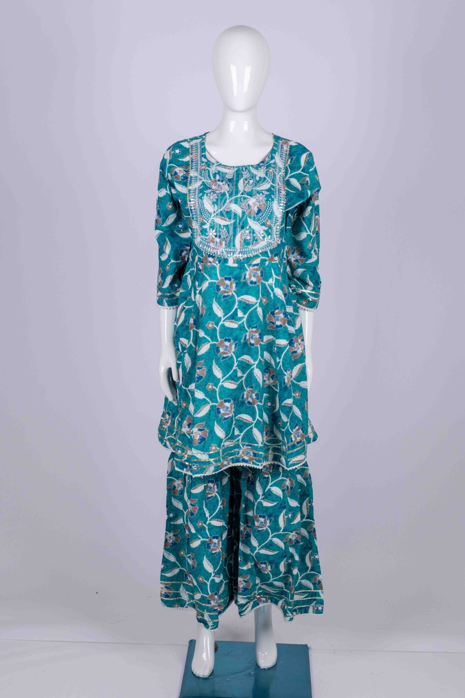 Women's Teal floral printed kurta sharara set with chamki embroidery