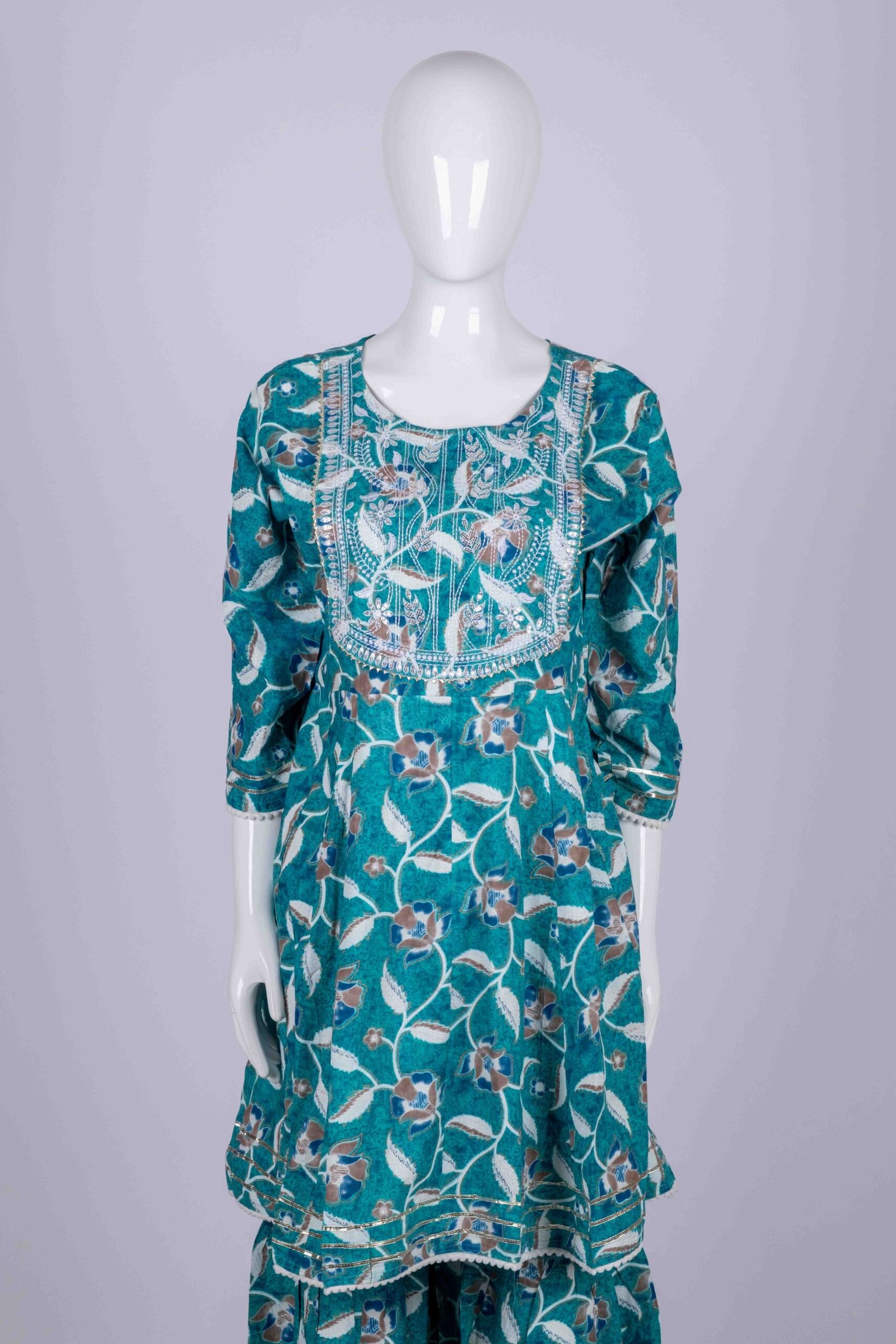 Women's Teal floral printed kurta sharara set with chamki embroidery