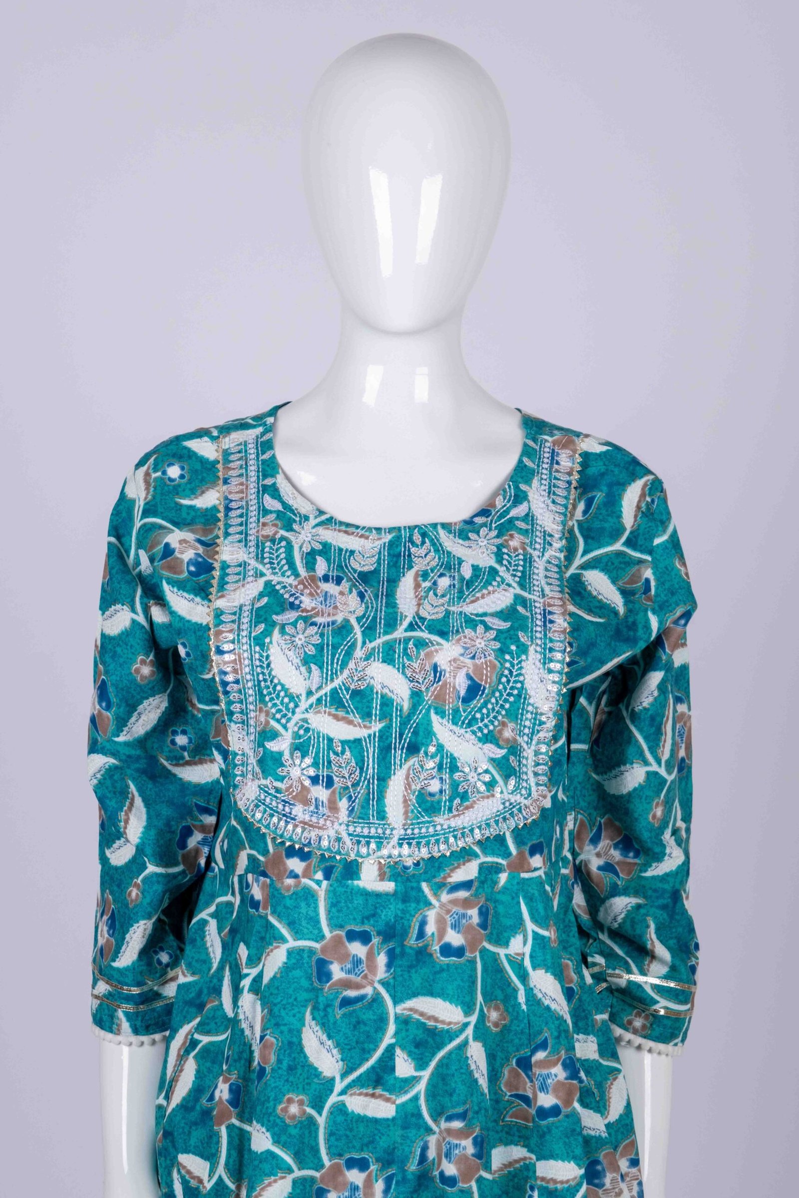 Women's Teal floral printed kurta sharara set with chamki embroidery