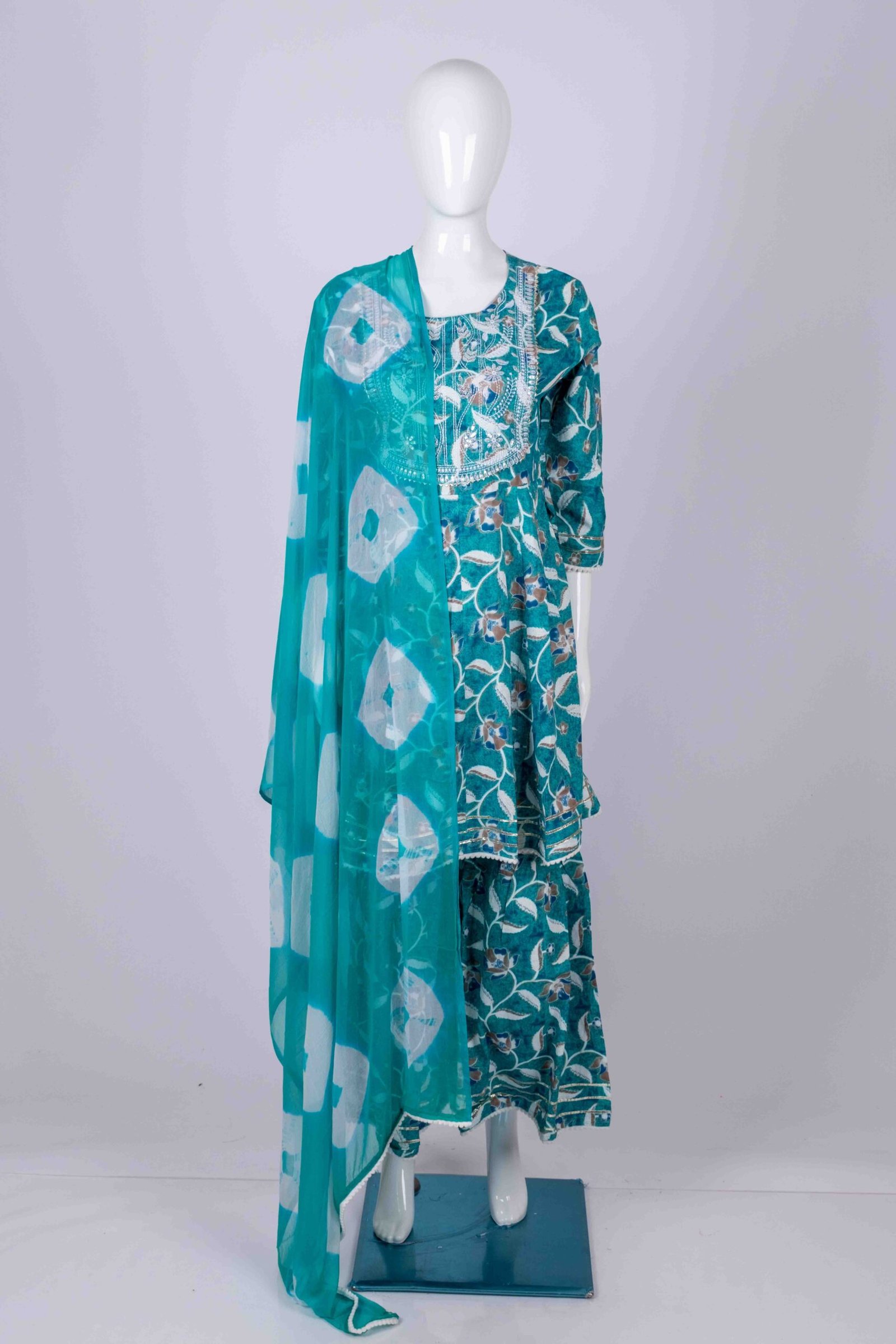 Women's Teal floral printed kurta sharara set with chamki embroidery