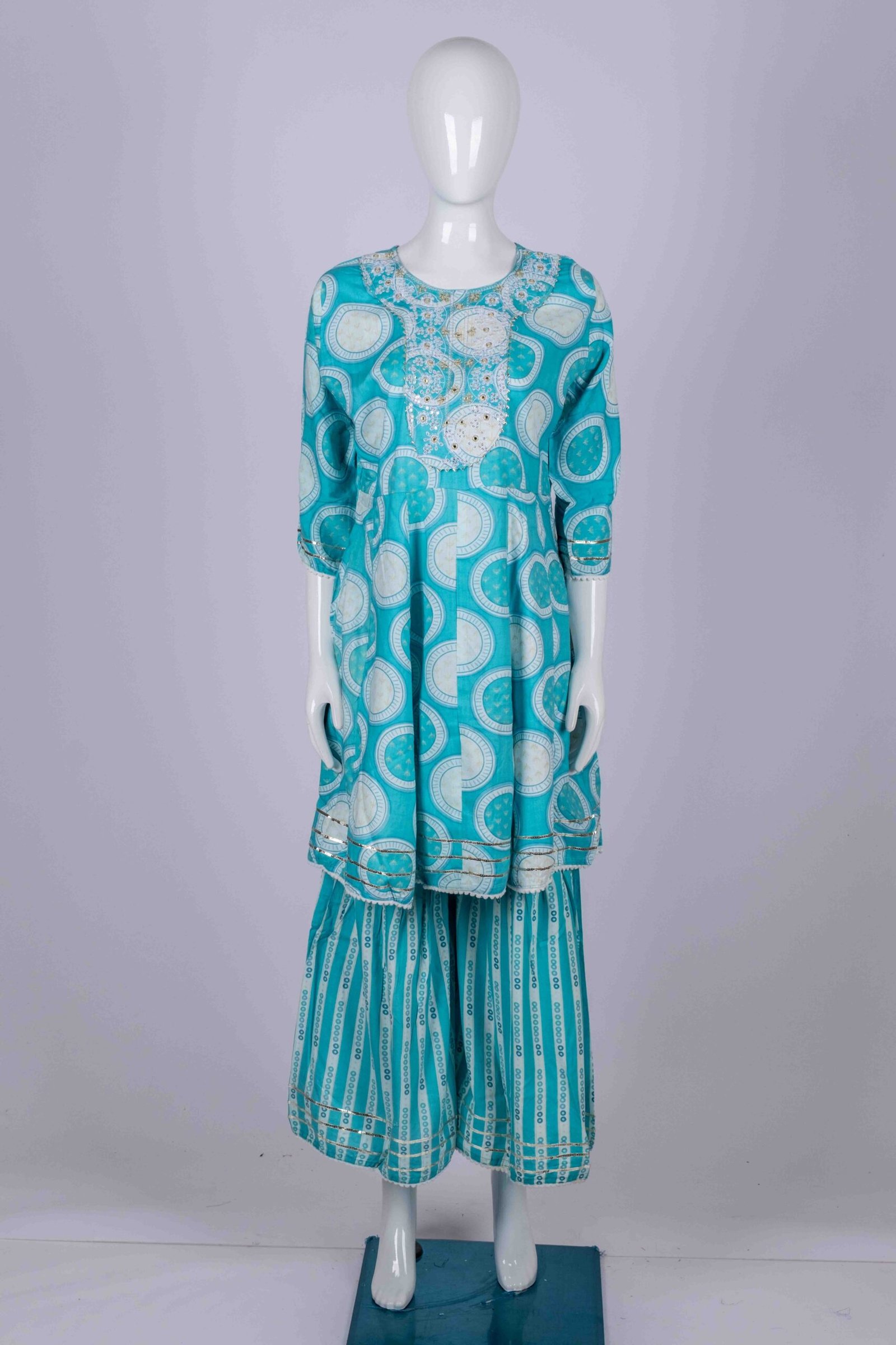 Women's AquaBlue floral printed kurta sharara set with chamki embroidery