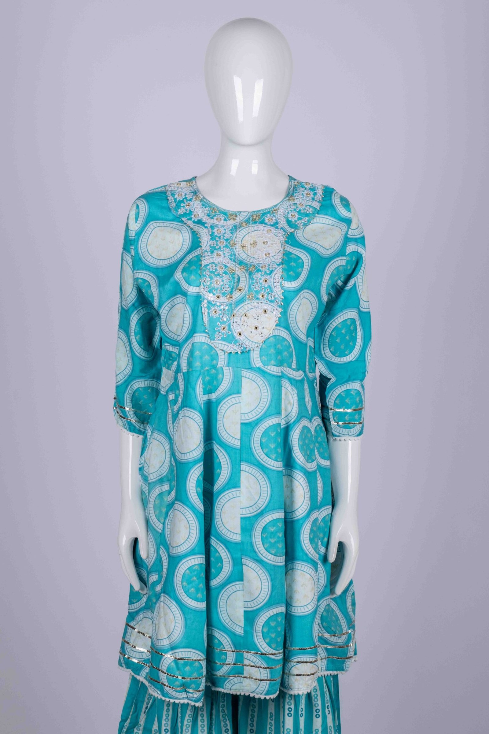 Women's AquaBlue floral printed kurta sharara set with chamki embroidery