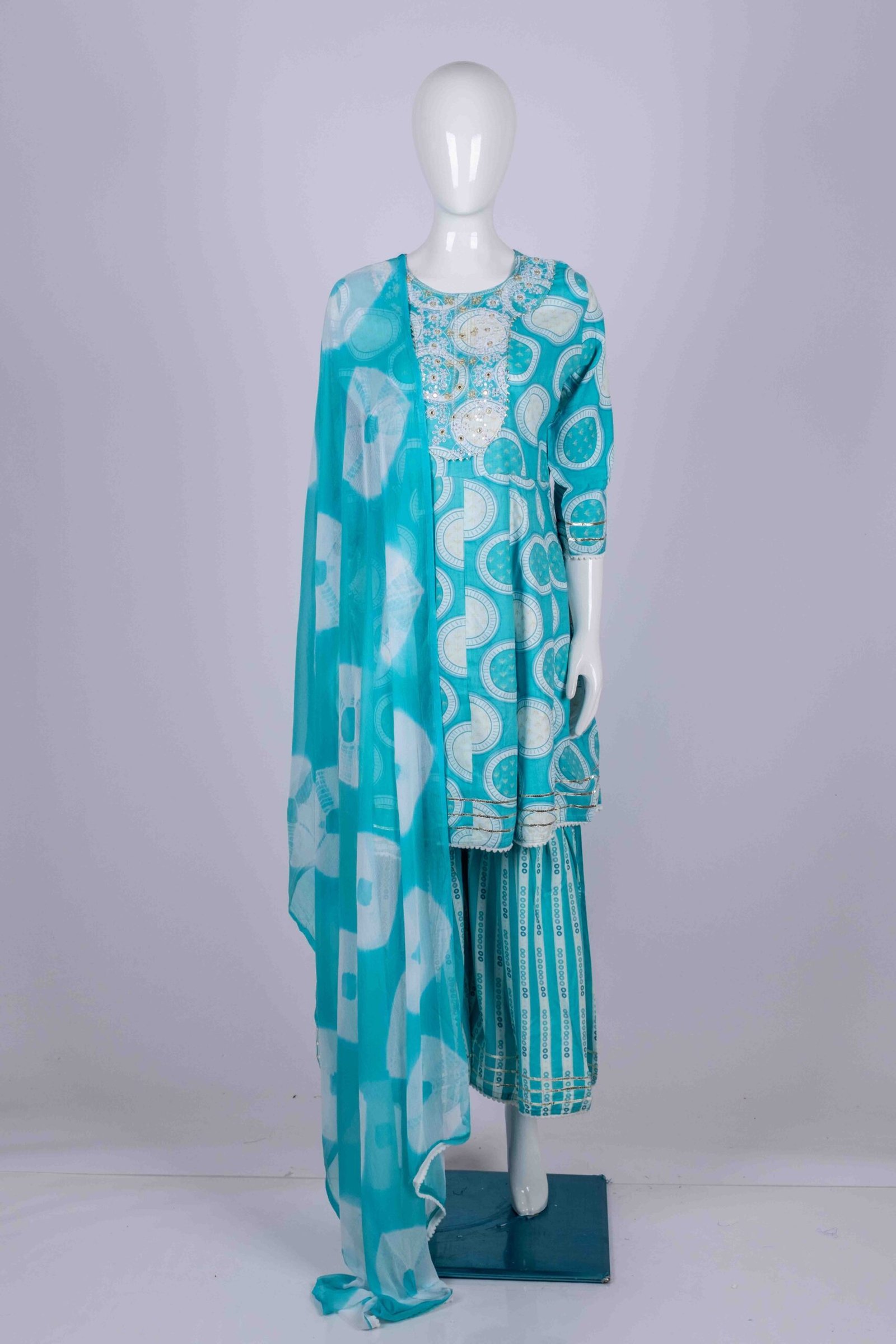 Women's AquaBlue floral printed kurta sharara set with chamki embroidery