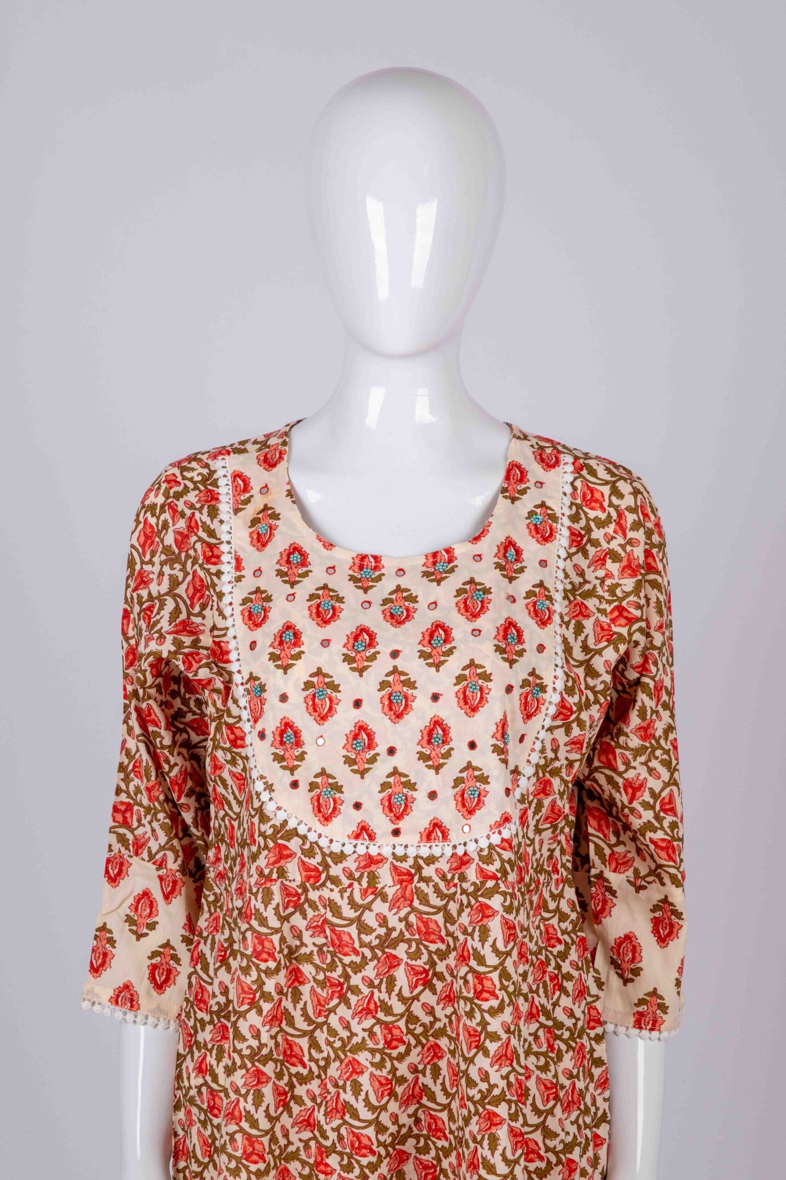 Women's Beige With red floral printed kurta set