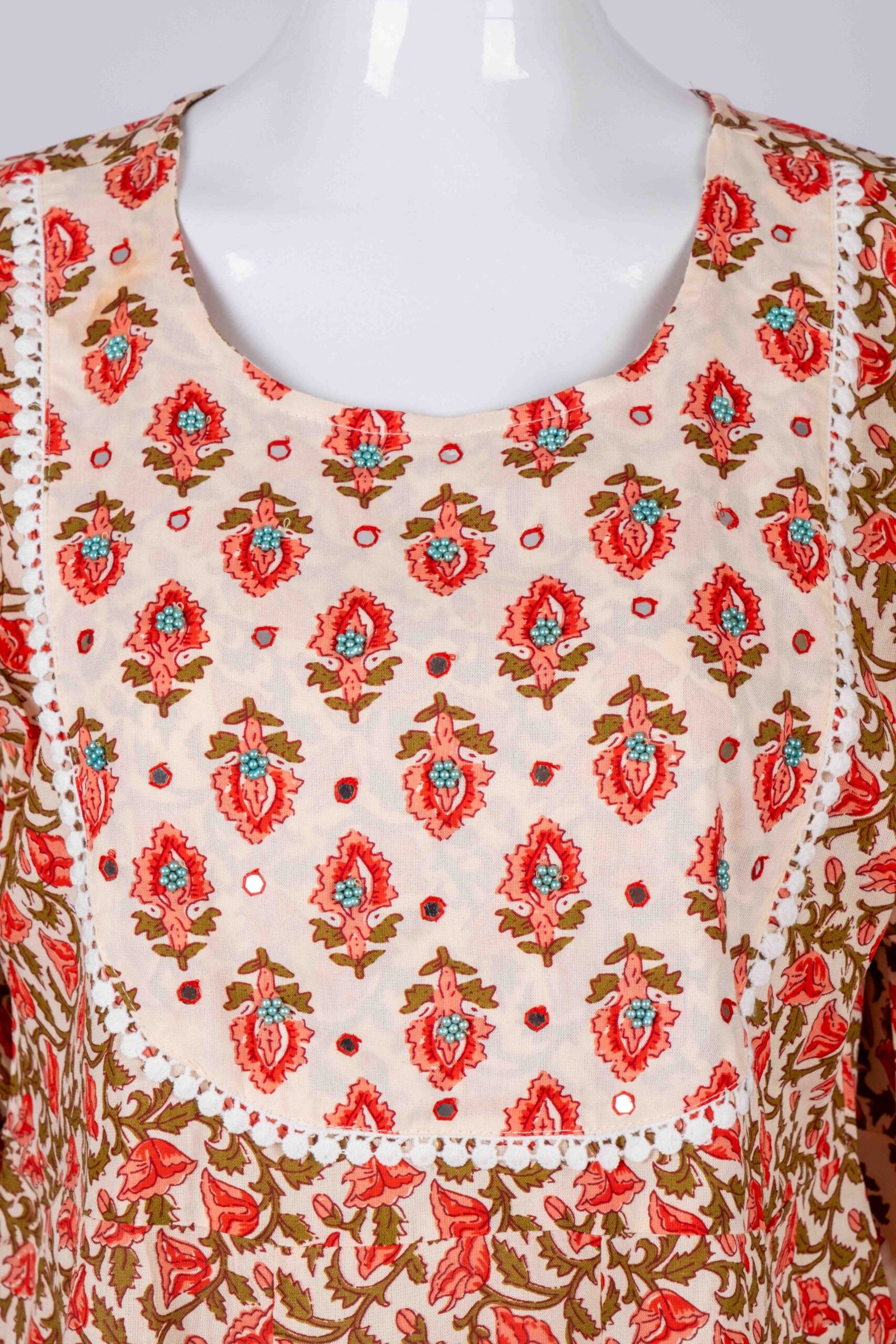 Women's Beige With red floral printed kurta set