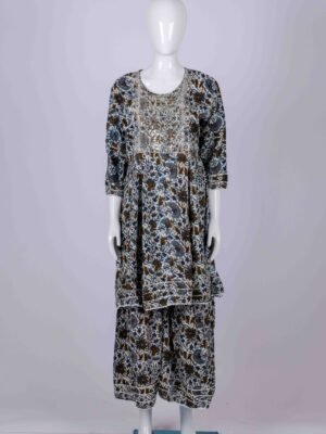 Women's Navy Blue floral printed kurta sharara set with chamki embroidery