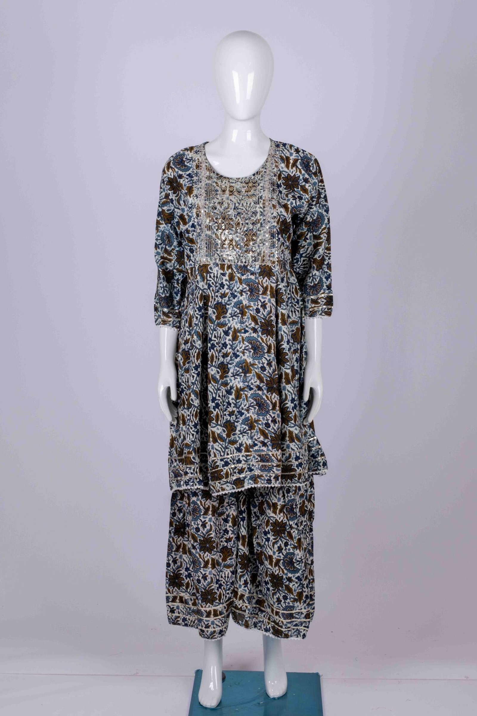 Women's Navy Blue floral printed kurta sharara set with chamki embroidery