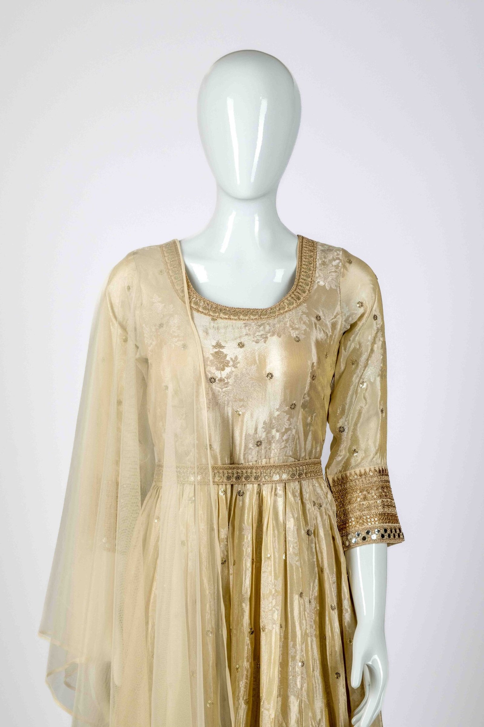 Women's Cream Gold Chamki Anarkali set