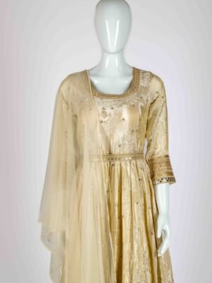 Women's Cream Gold Chamki Anarkali set