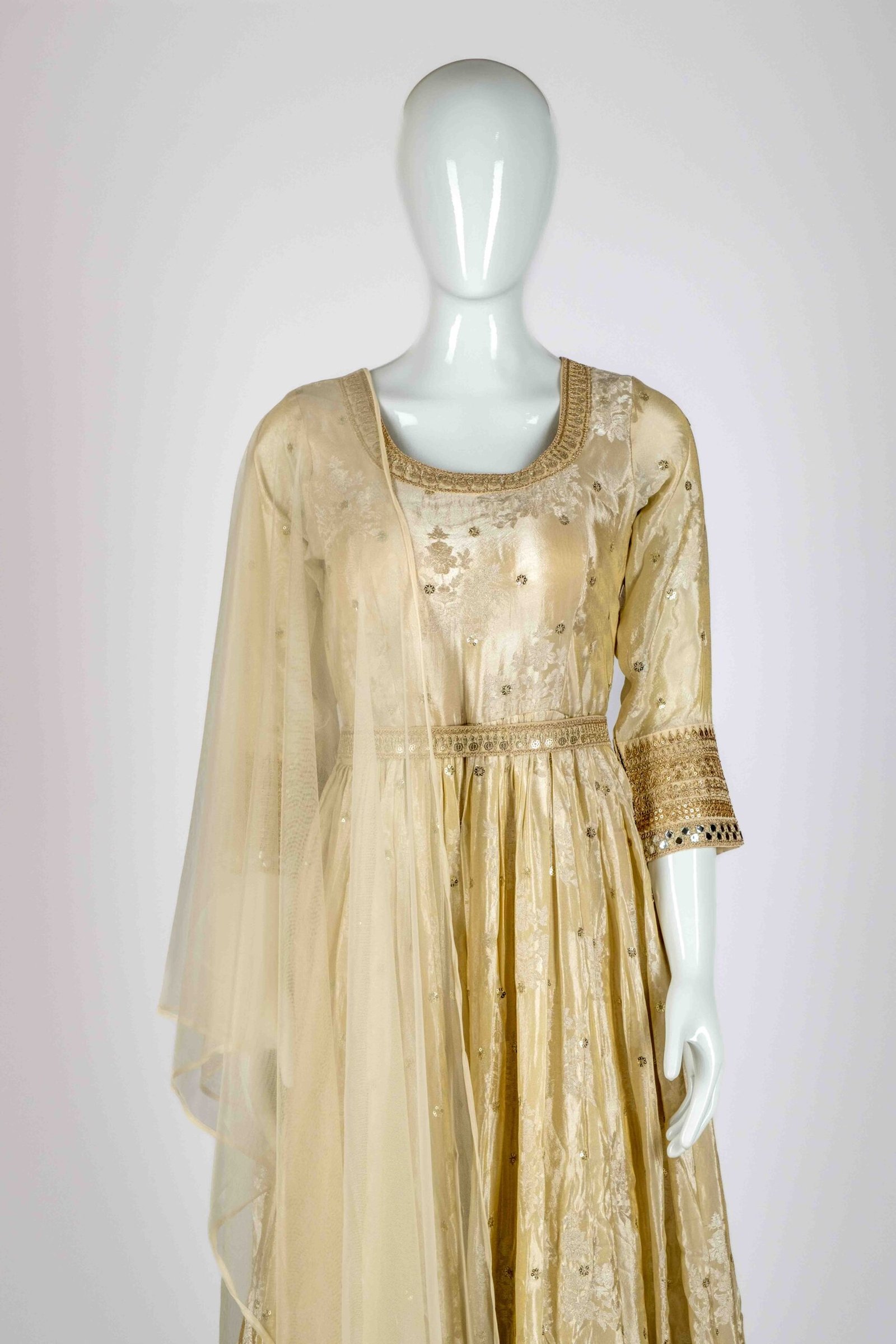 Women's Cream Gold Chamki Anarkali set