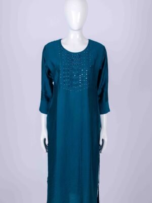 Women's Peacock Blue solid kurta with mirror embroidery