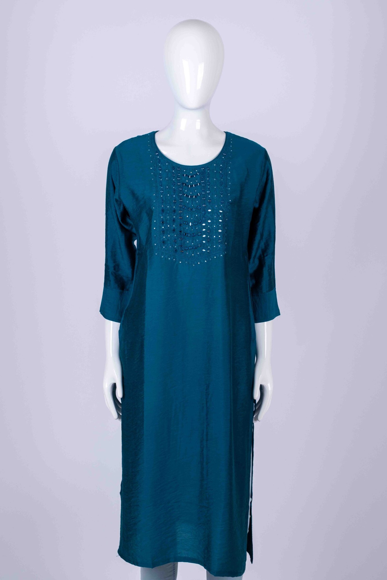 Women's Peacock Blue solid kurta with mirror embroidery