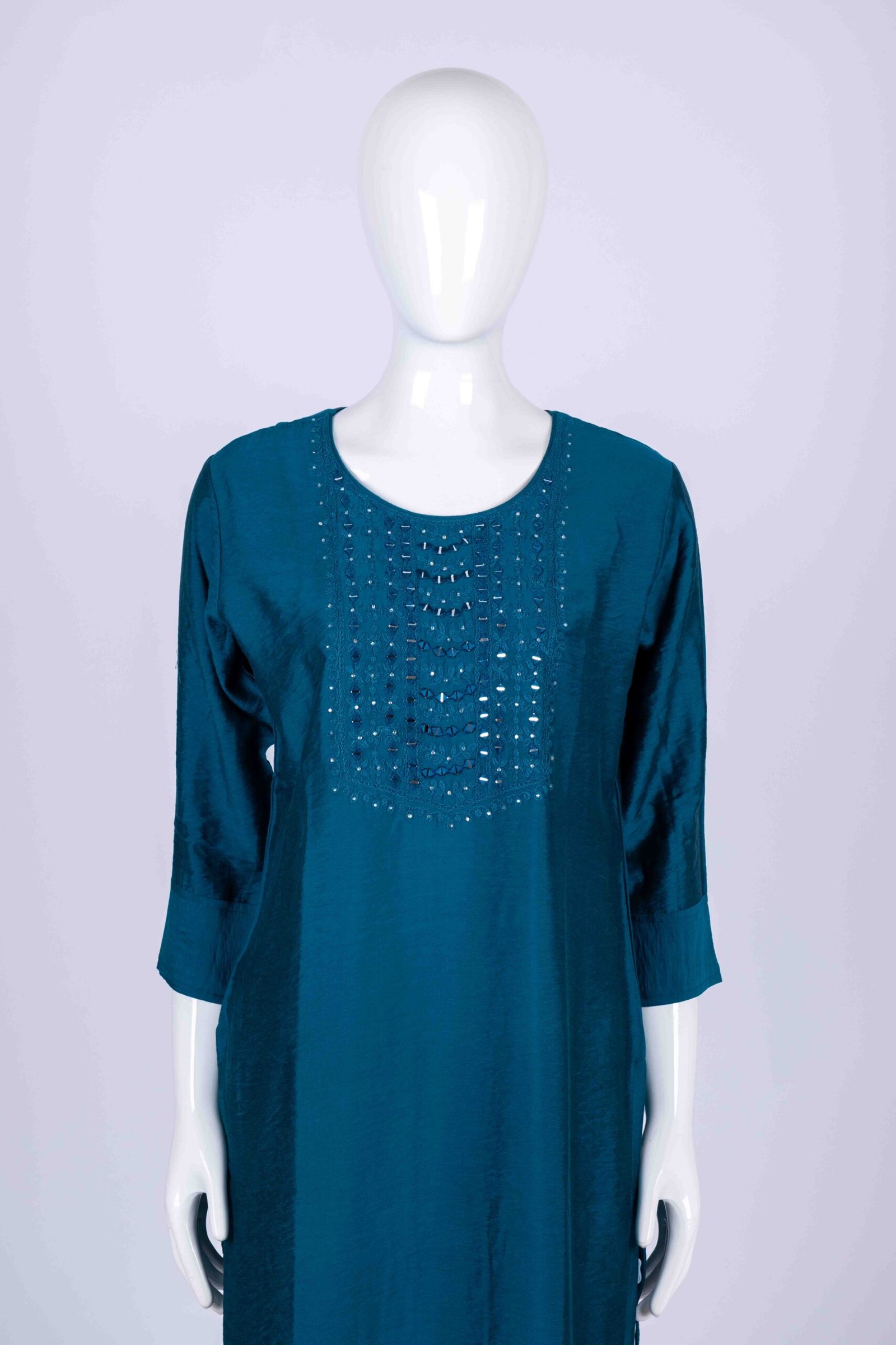 Women's Peacock Blue solid kurta with mirror embroidery