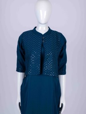 Women's Blue solid kurta with sequin overcoat