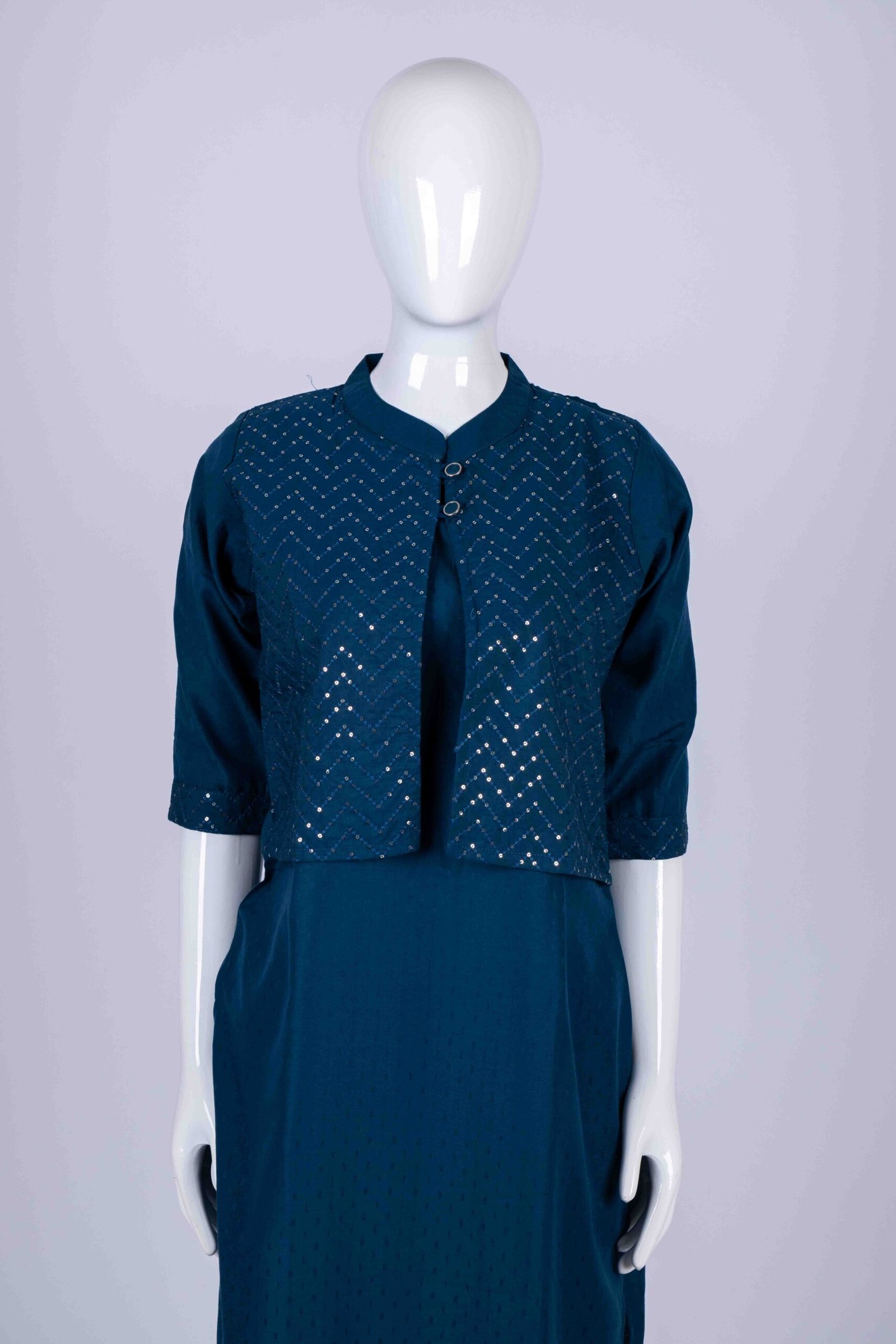 Women's Blue solid kurta with sequin overcoat