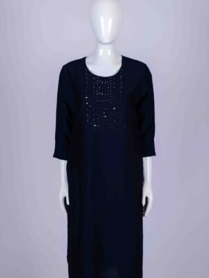 Women's Navy Blue solid kurta with mirror embroidery