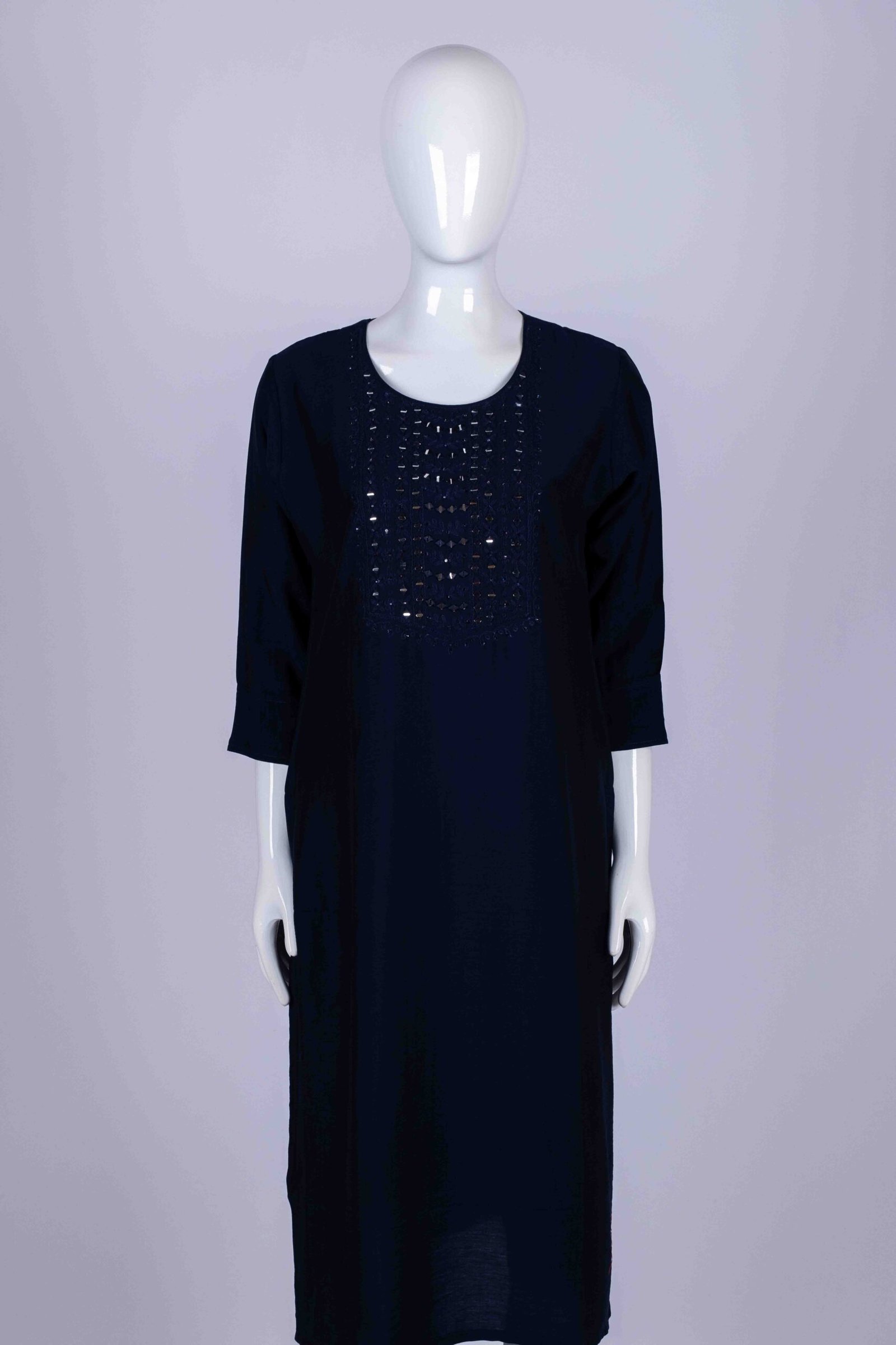 Women's Navy Blue solid kurta with mirror embroidery