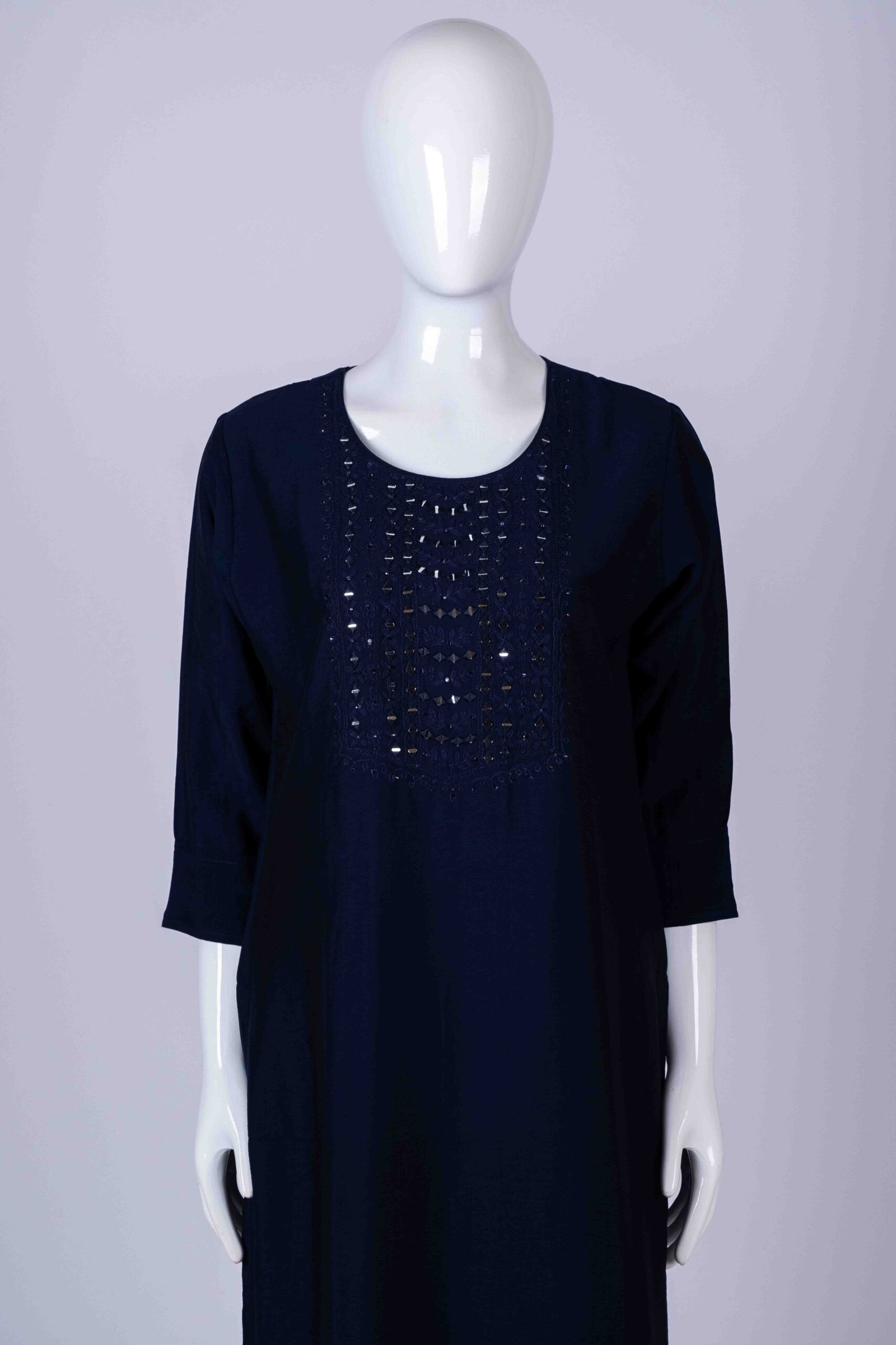 Women's Navy Blue solid kurta with mirror embroidery