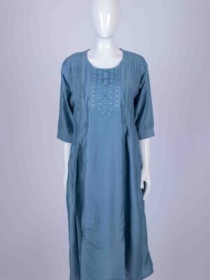 Women's Light Blue solid kurta with floral embroidery