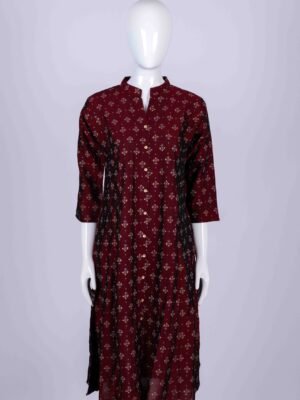 Women's Maroon floral print button-down kurta top