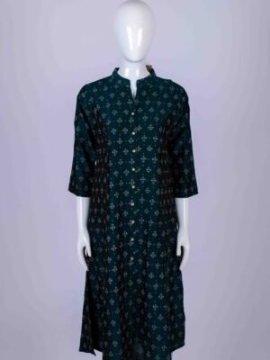 Women's Green floral print button-down kurta top