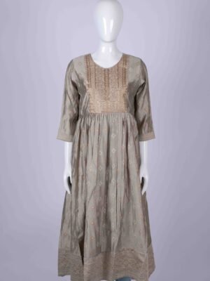 Women's Grey ethnic print embroidery kurta top with gold zari