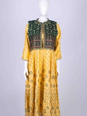 Women's Yellow ethnic printed kurta top with an embroidered overcoat