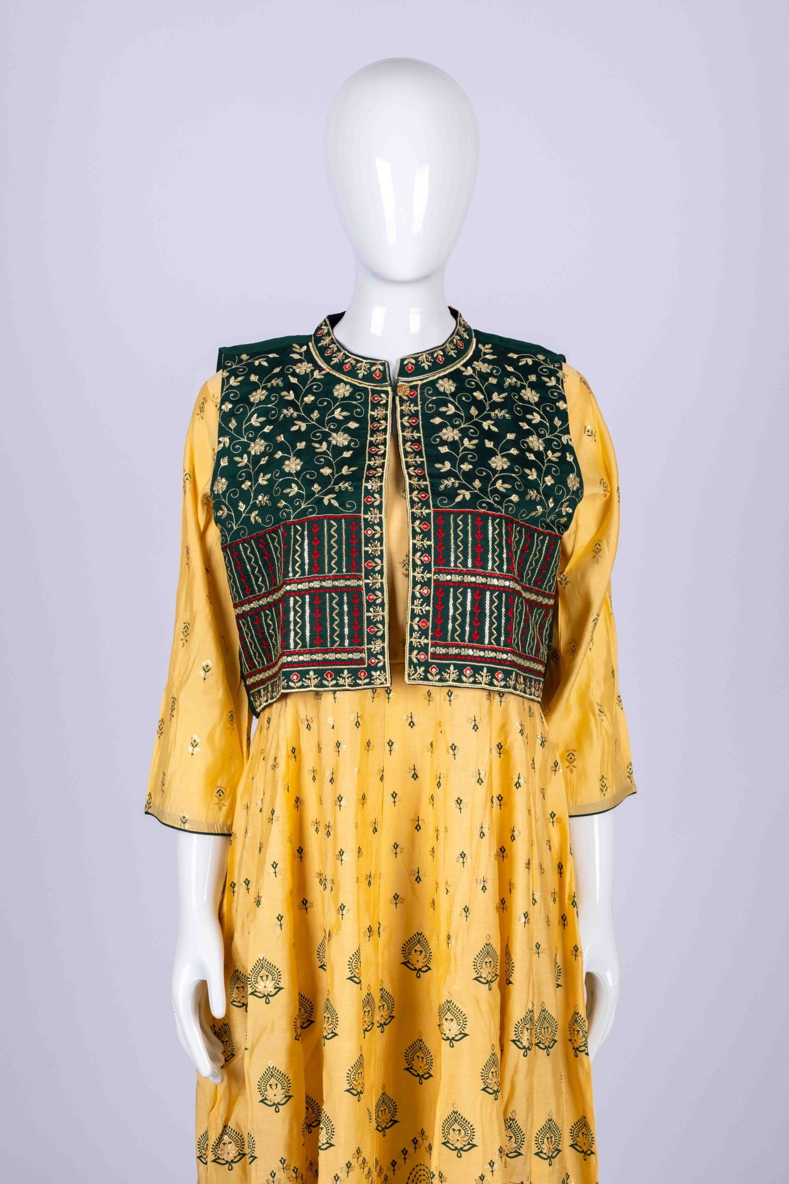 Women's Yellow ethnic printed kurta top with an embroidered overcoat