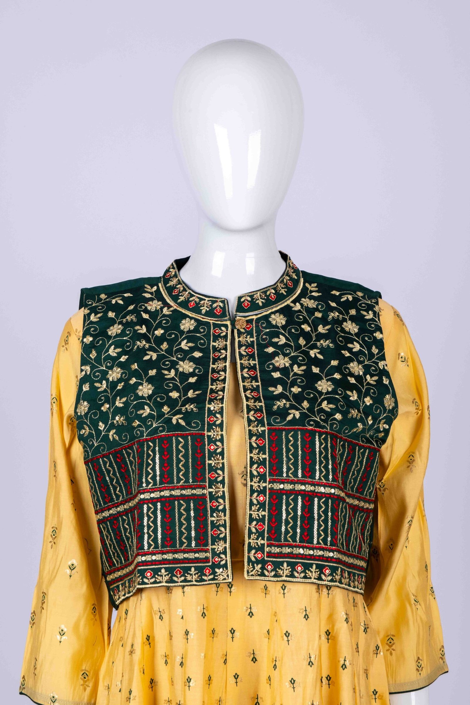 Women's Yellow ethnic printed kurta top with an embroidered overcoat