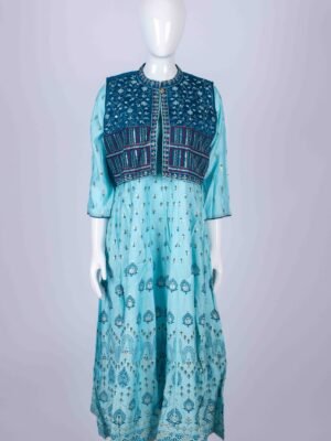 Women's Blue ethnic printed kurta top with an embroidered overcoat