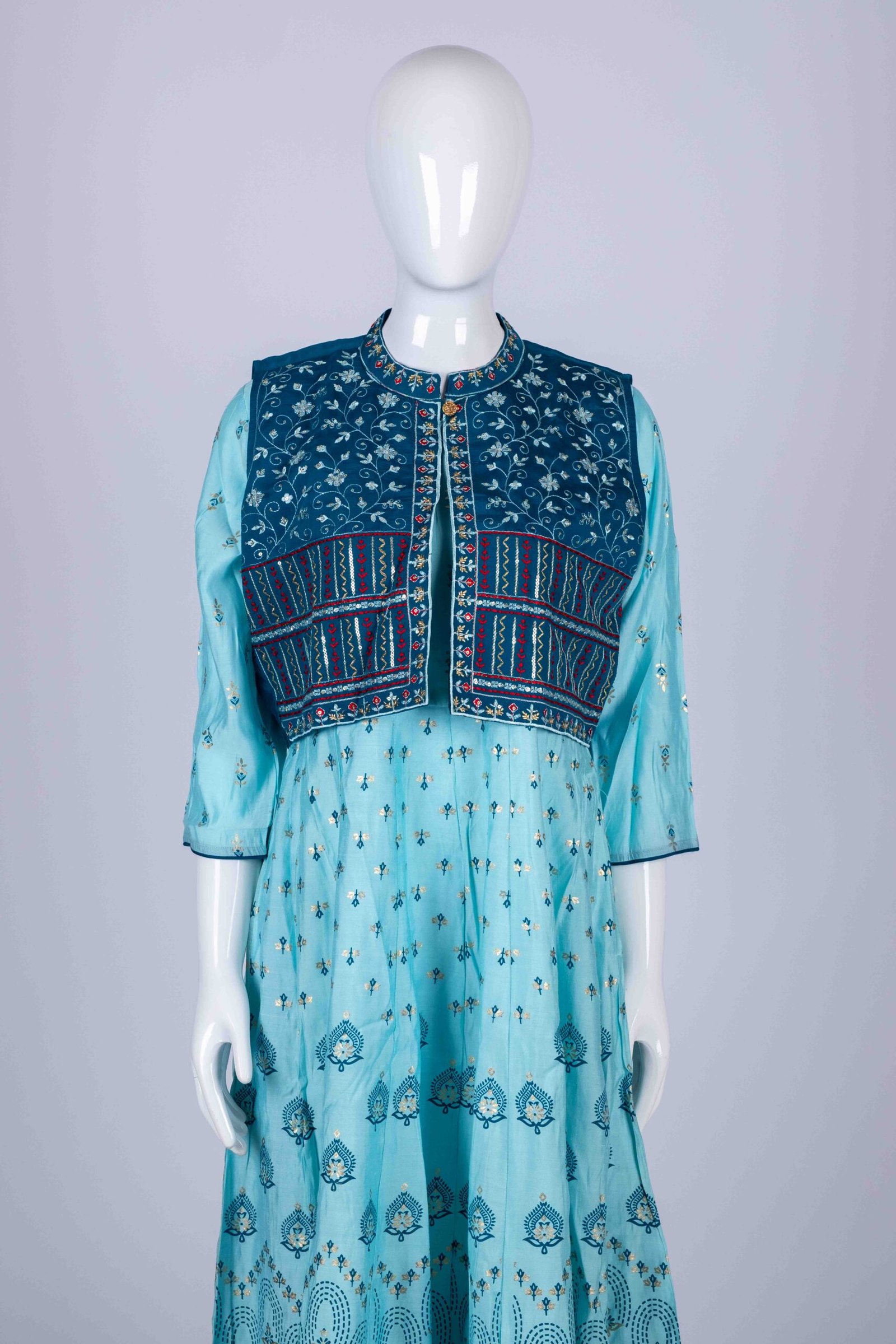 Women's Blue ethnic printed kurta top with an embroidered overcoat