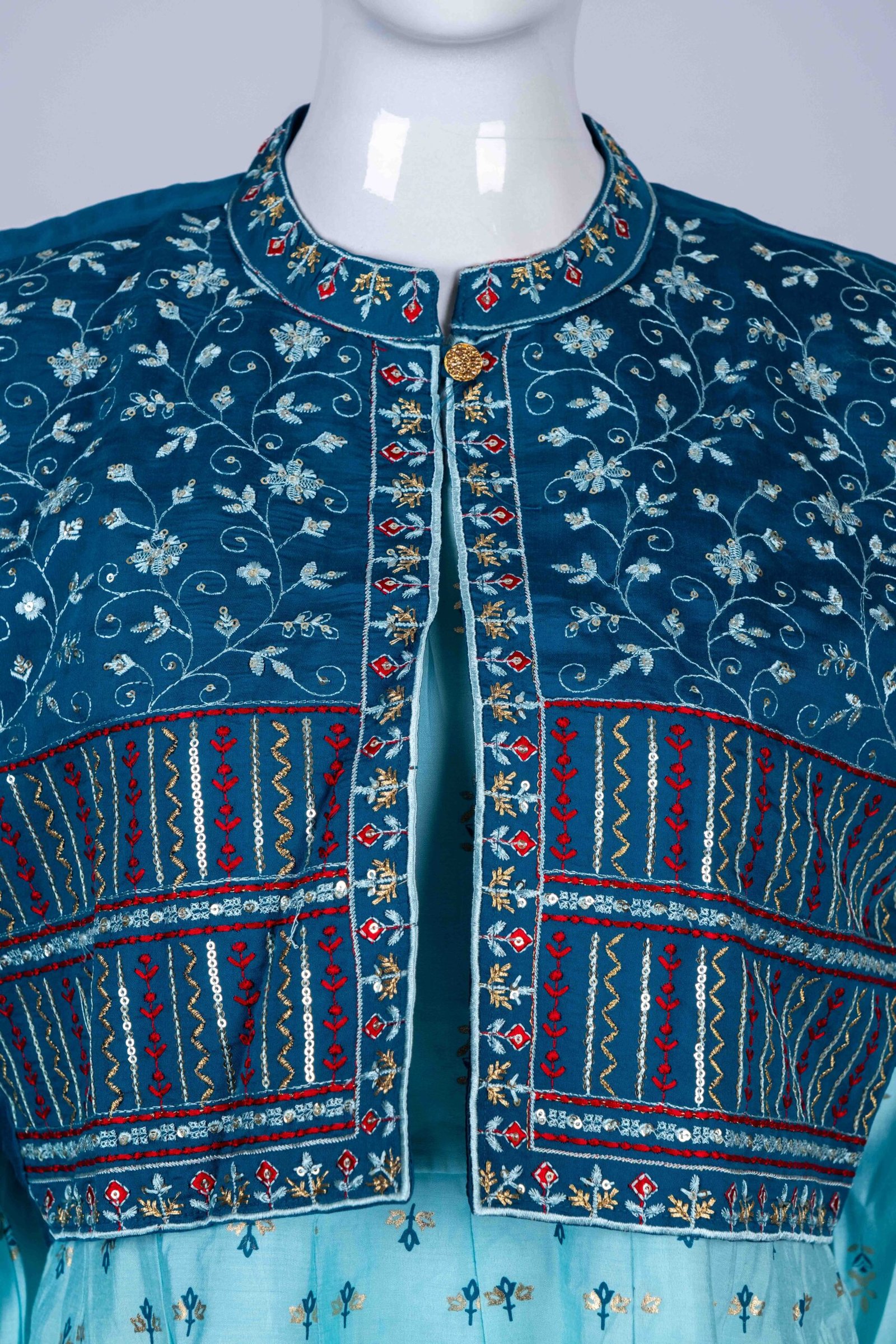 Women's Blue ethnic printed kurta top with an embroidered overcoat