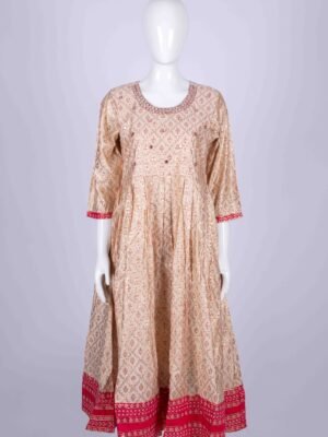 Women's Pink ethnic printed kurta top with mirror embroidery