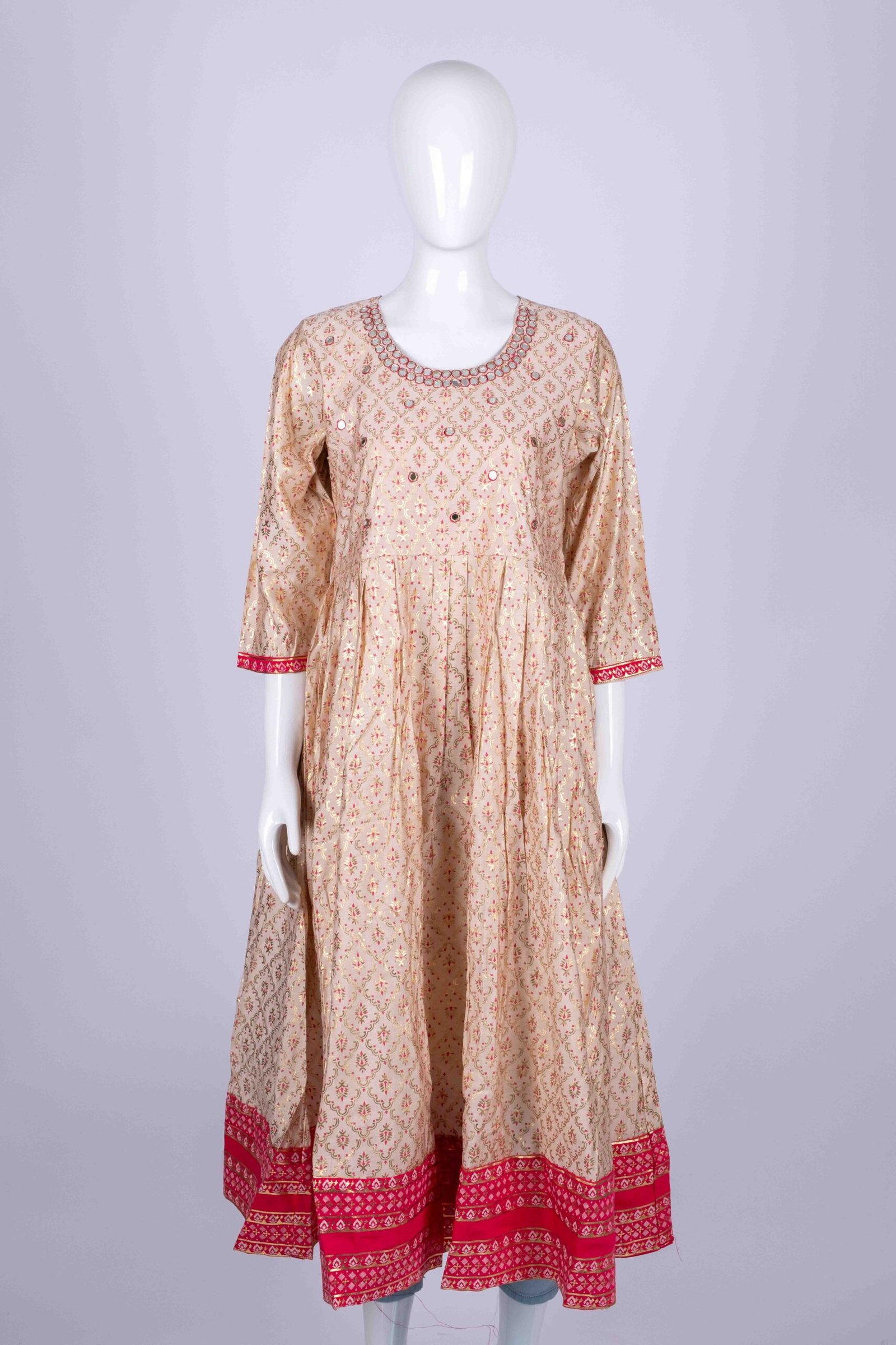 Women's Pink ethnic printed kurta top with mirror embroidery