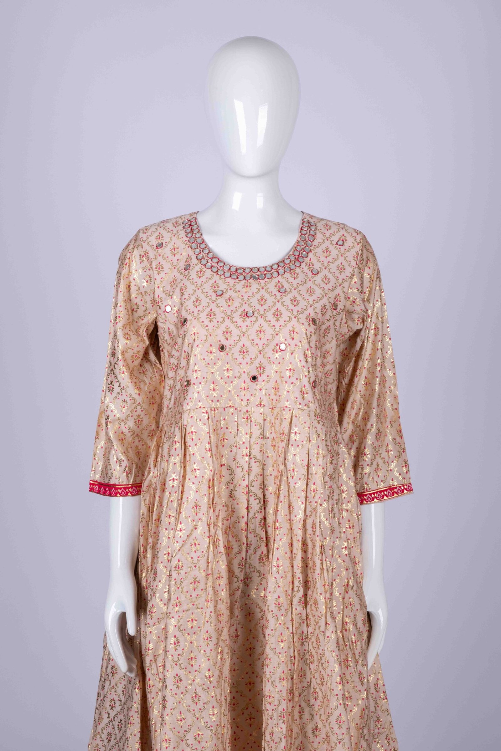 Women's Pink ethnic printed kurta top with mirror embroidery