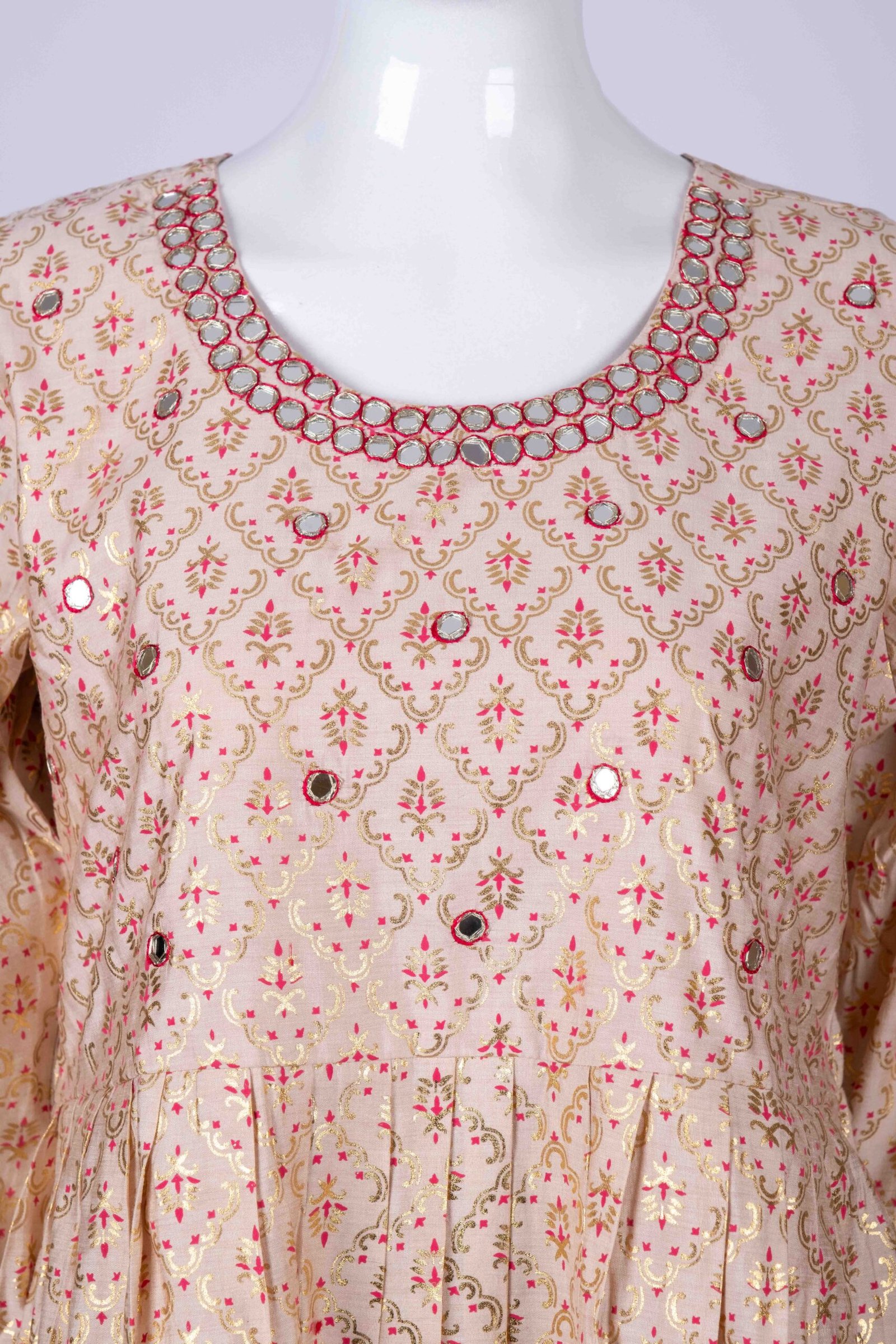 Women's Pink ethnic printed kurta top with mirror embroidery