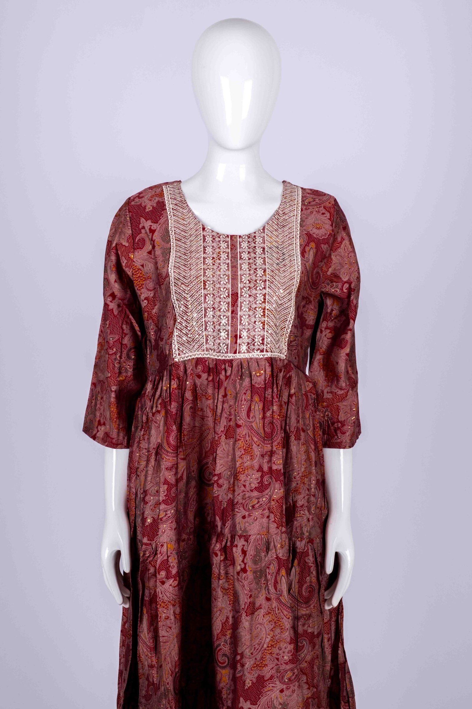 Women's Maroon Paisley printed kurta top with white floral embroidery