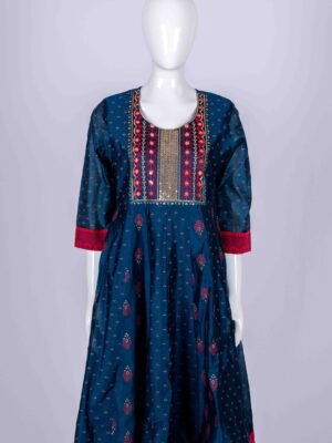 Women's Peacock Blue ethnic printed kurta top with floral embroidery