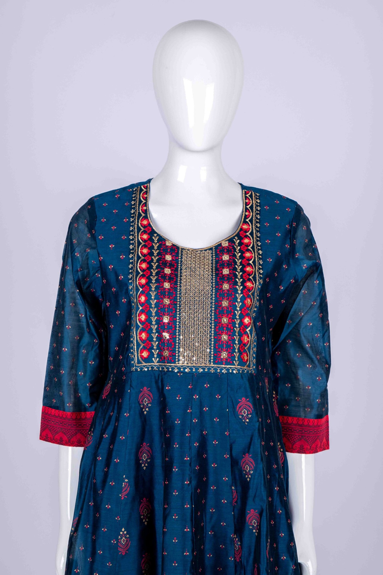 Women's Peacock Blue ethnic printed kurta top with floral embroidery