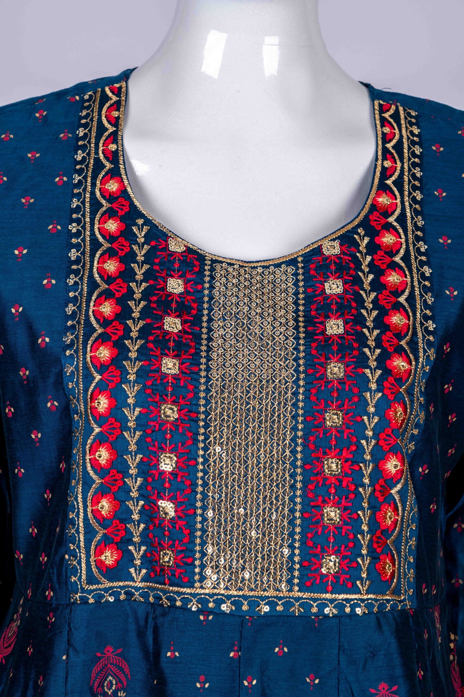 Women's Peacock Blue ethnic printed kurta top with floral embroidery