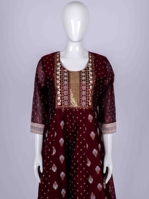 Women's Brown ethnic printed kurta top with floral embroidery