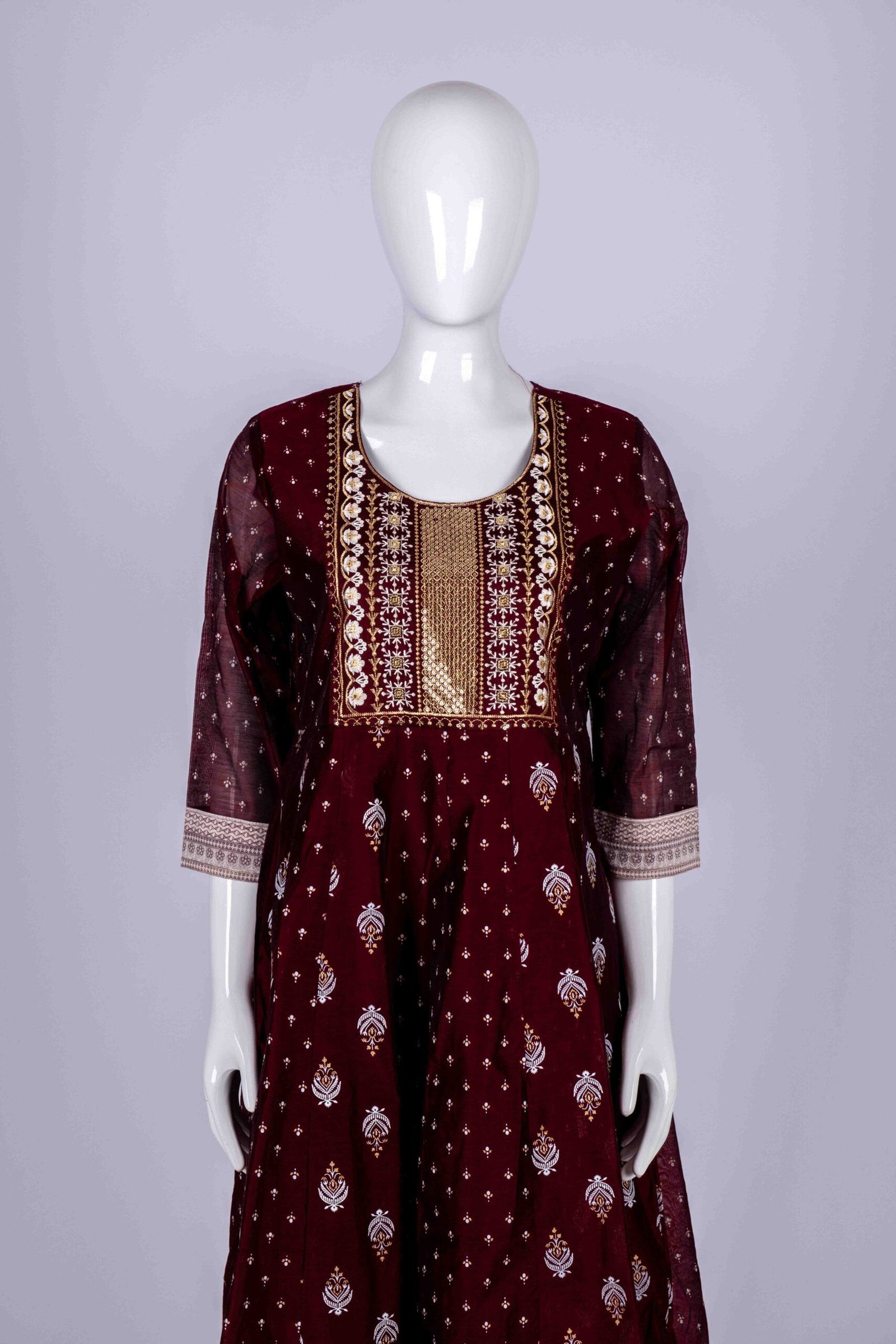 Women's Brown ethnic printed kurta top with floral embroidery