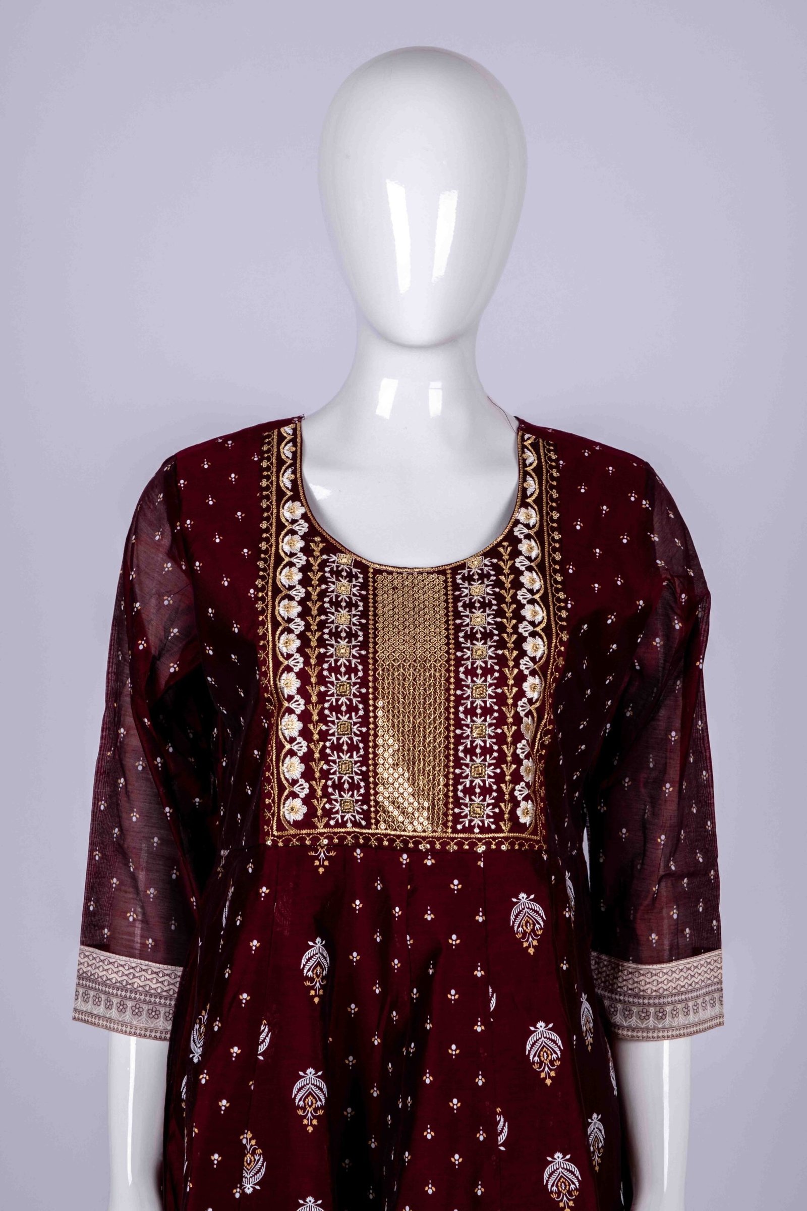 Women's Brown ethnic printed kurta top with floral embroidery