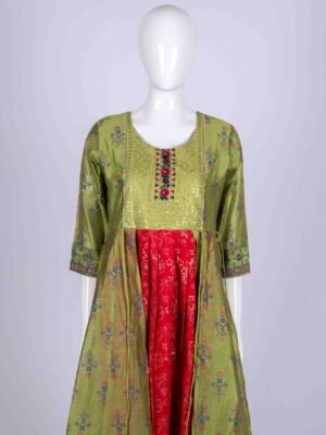 Women's Green & Pink ethnic printed kurta top with floral and chamki embroidery