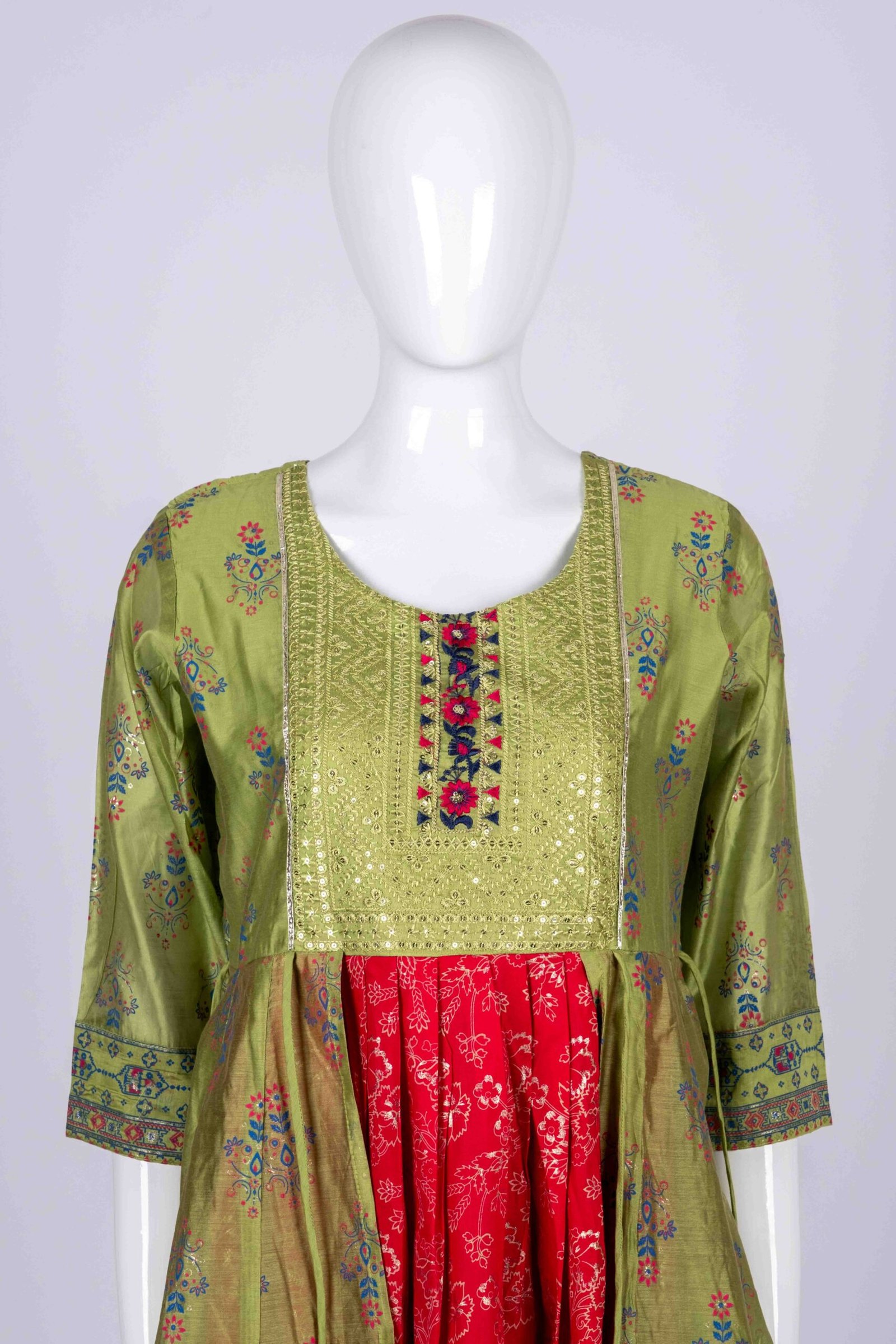 Women's Green & Pink ethnic printed kurta top with floral and chamki embroidery