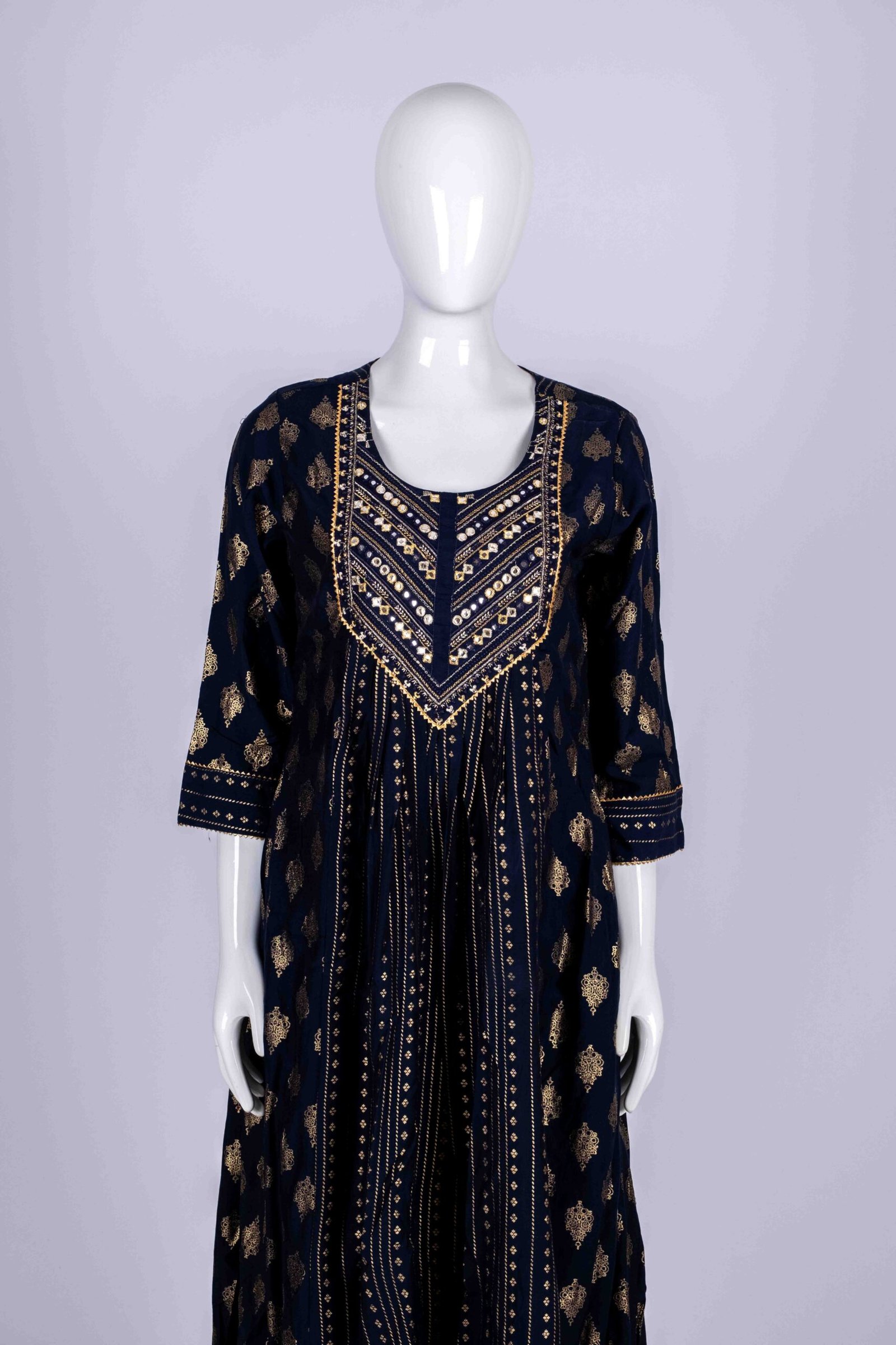 Women's Navy Blue ethnic printed kurta top with mirror embroidery