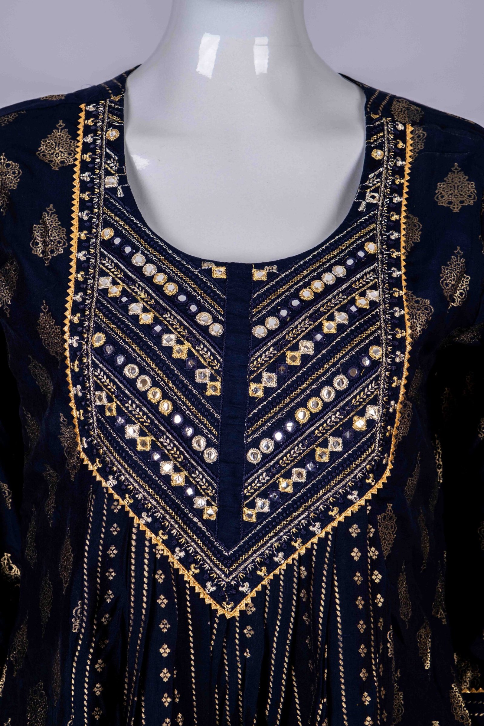 Women's Navy Blue ethnic printed kurta top with mirror embroidery